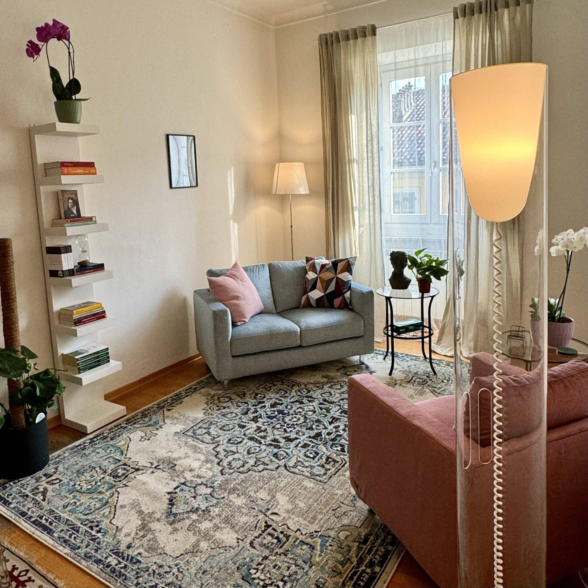 Studio psicologo Adriano Cacciola a Torino, ambiente luminoso con tappeto, piante e arredi confortevoli.