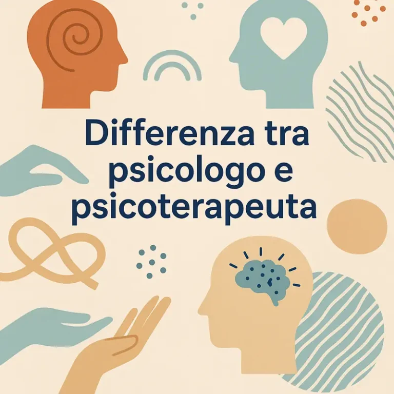 mmagine astratta che rappresenta la differenza tra psicologo e psicoterapeuta, con simboli stilizzati della mente, delle emozioni e del supporto psicologico.