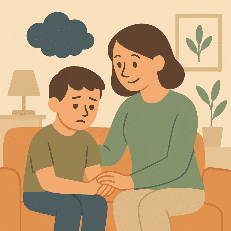 Illustrazione stilizzata di una madre che rassicura il figlio ansioso sul divano, simbolo del sostegno genitoriale contro l’ansia.