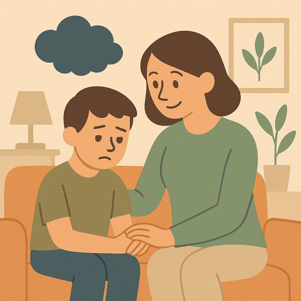 Illustrazione stilizzata di una madre che rassicura il figlio ansioso sul divano, simbolo del sostegno genitoriale contro l’ansia.